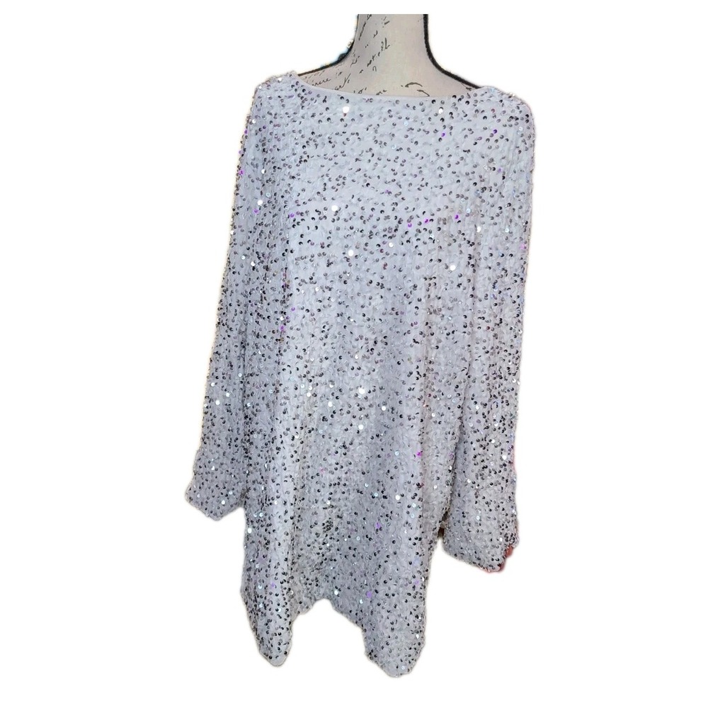 White Sequin Tunic Dress Oversized Top Black Bow Back Glam Party Handmade OS - Picture 2 of 7